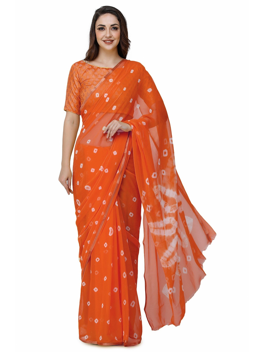 

CLAFOUTIS Zari Pure Chiffon Bandhani Saree, Orange