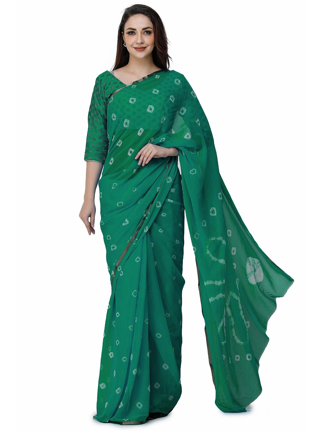 

CLAFOUTIS Zari Pure Chiffon Bandhani Saree, Green