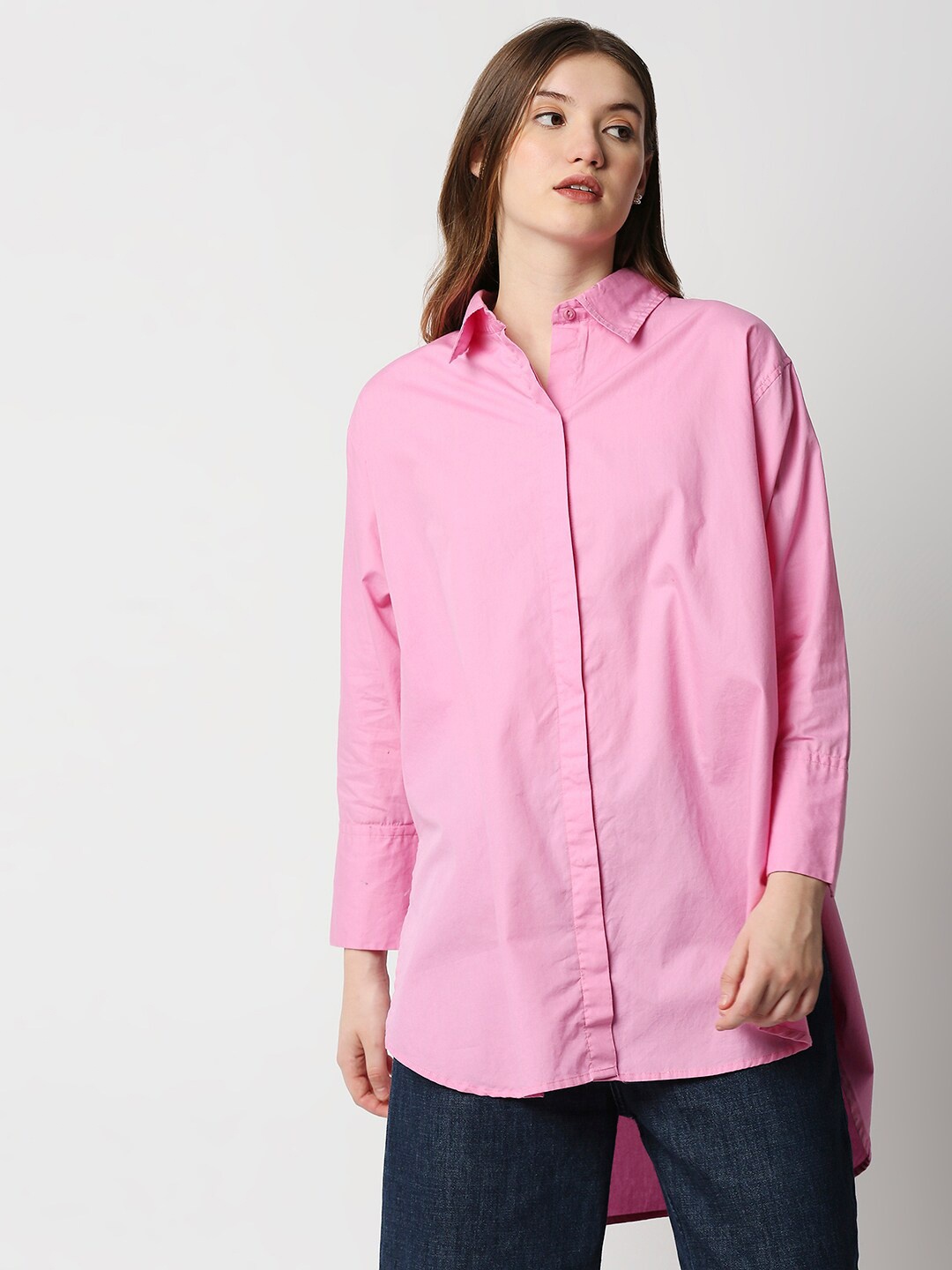 

Remanika Comfort Spread Collar Longline Cotton Casual Shirt, Pink