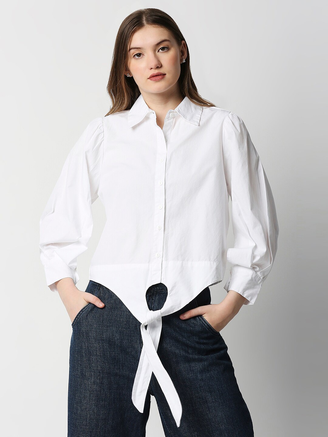 

Remanika Comfort Spread Collar Front Tie Knot Cotton Casual Shirt, White