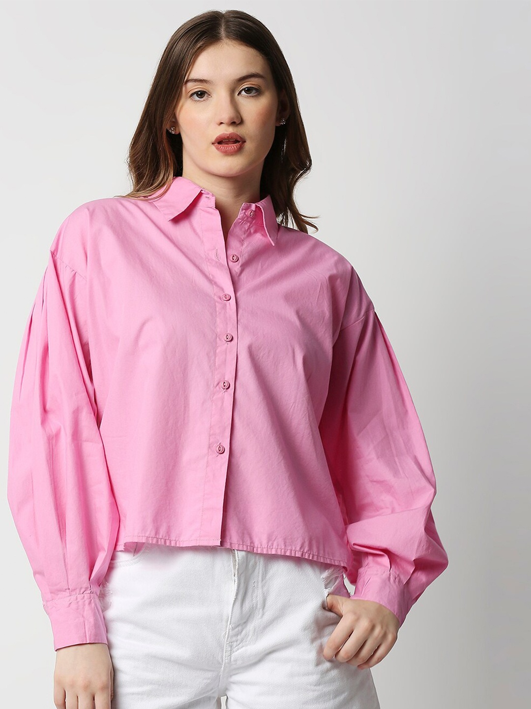 

Remanika Comfort Spread Collar Puffed Sleeves Cotton Casual Shirt, Pink