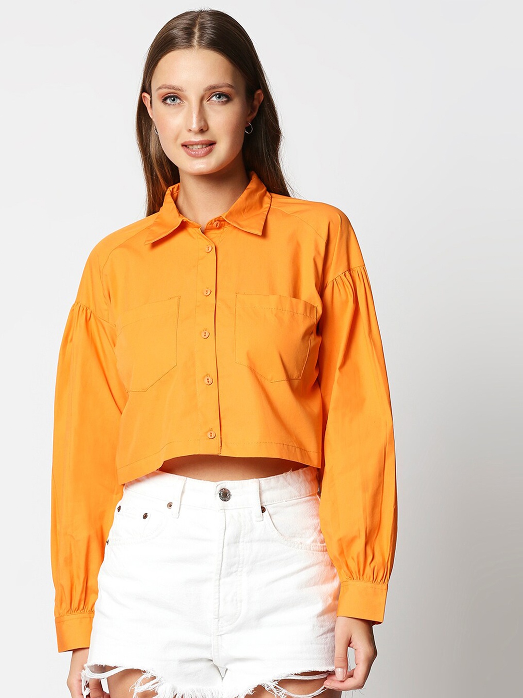 

Remanika Comfort Spread Collar Pure Cotton Crop Casual Shirt, Orange