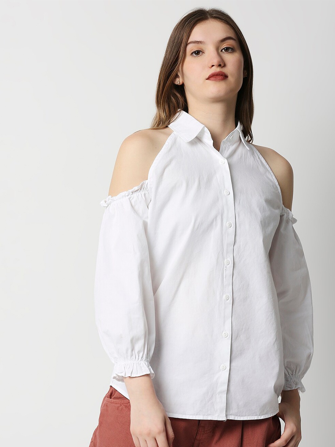 

Remanika Comfort Spread Collar Cold-Shoulder Sleeves Cotton Casual Shirt, White