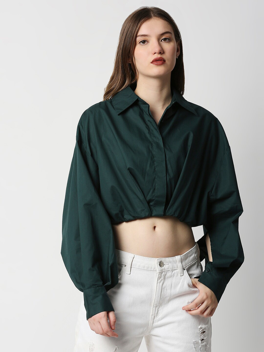 

Remanika Comfort Built-Up Full Sleeve Casual Crop Shirt, Green