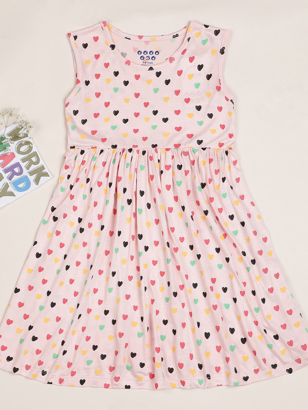 

ZION Conversational Printed Round Neck Sleeveless Cotton Dress, Peach