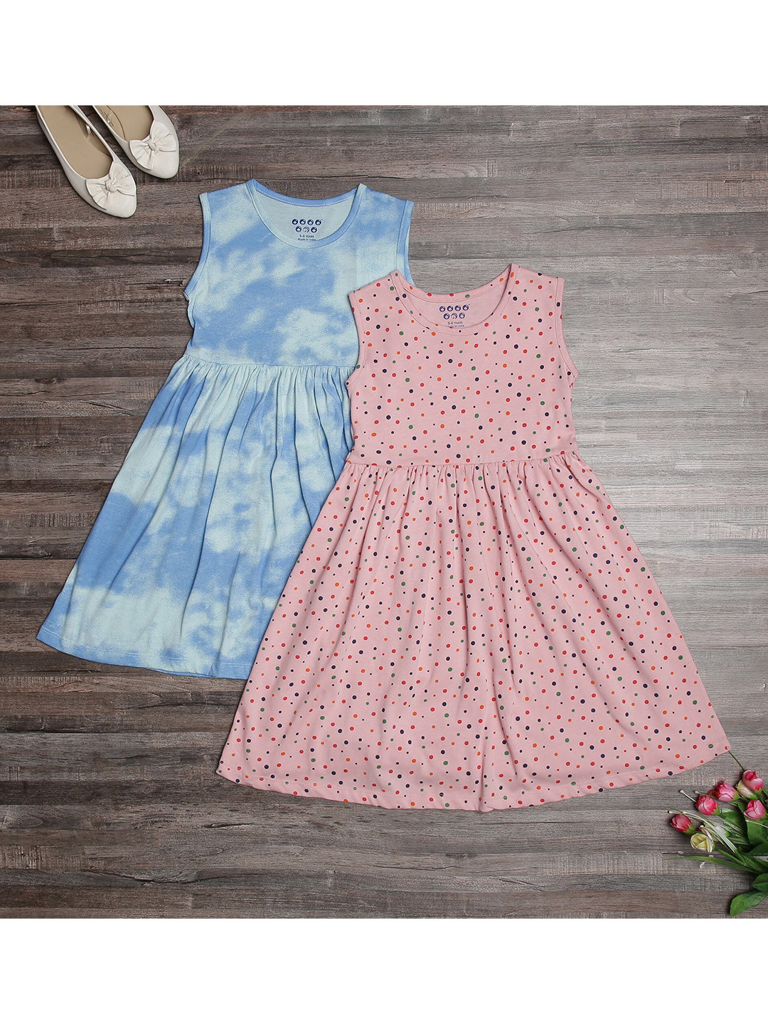 

ZION Pack Of 2 Polka Dots Printed Cotton Fit And Flare Dress, Blue