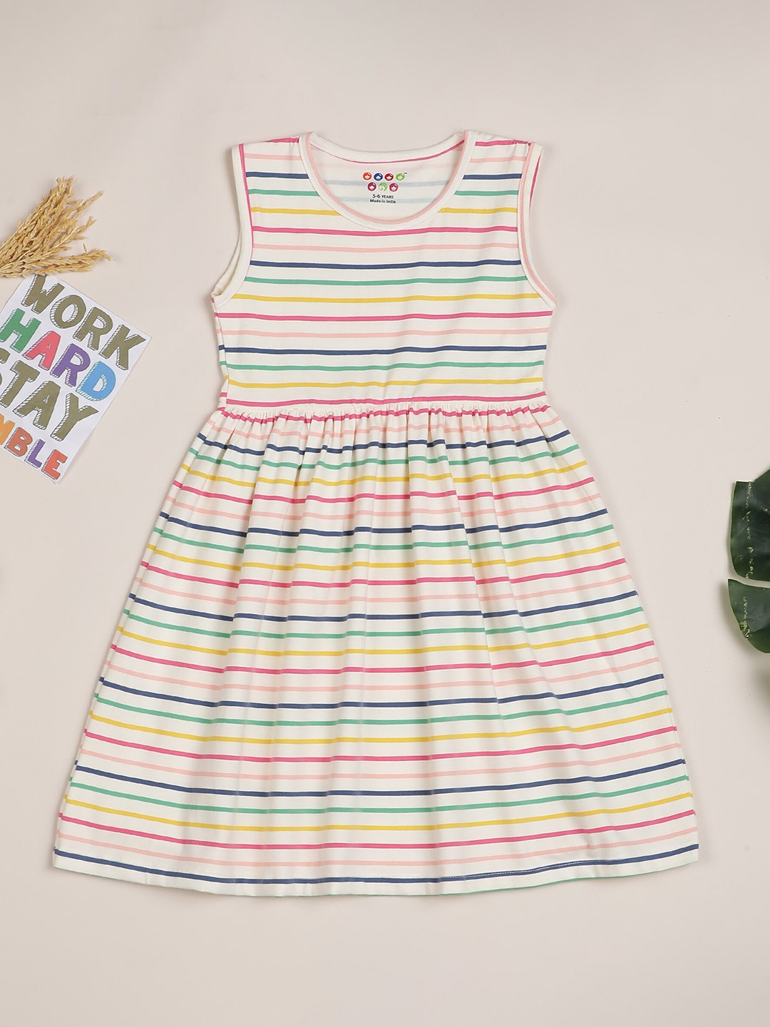 

ZION Girls Horizontal Striped Cotton A-Line Dress, White