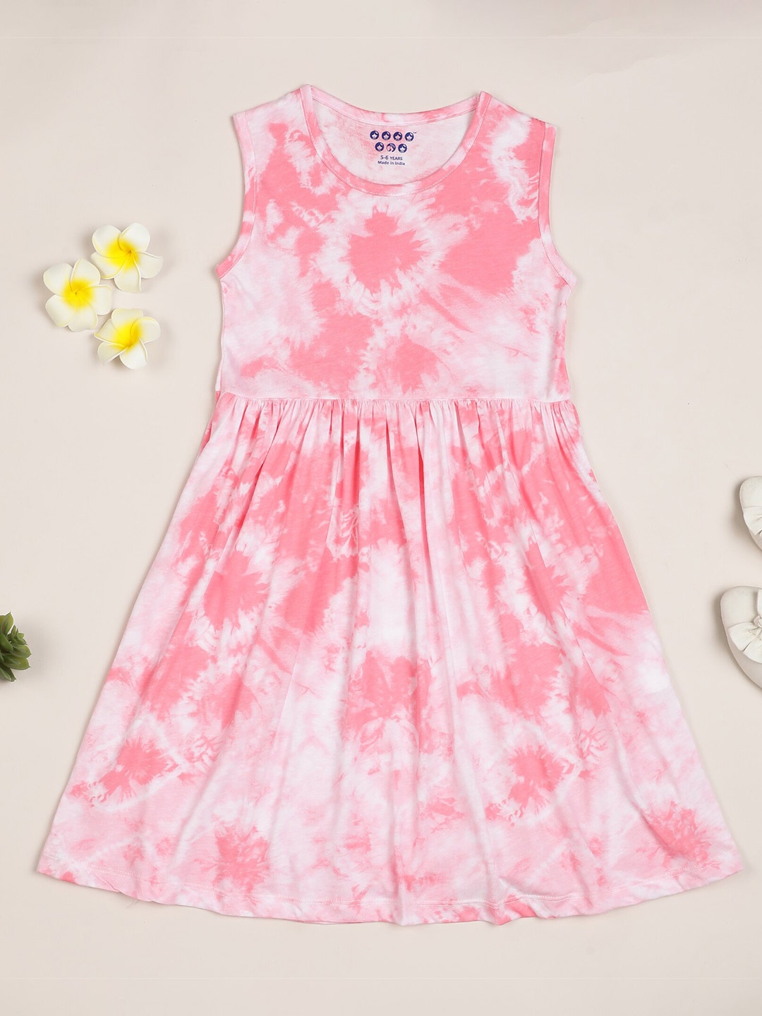 

ZION Gathered Sleeveless Fit & Flare Tie and Dye Cotton Dress, Pink