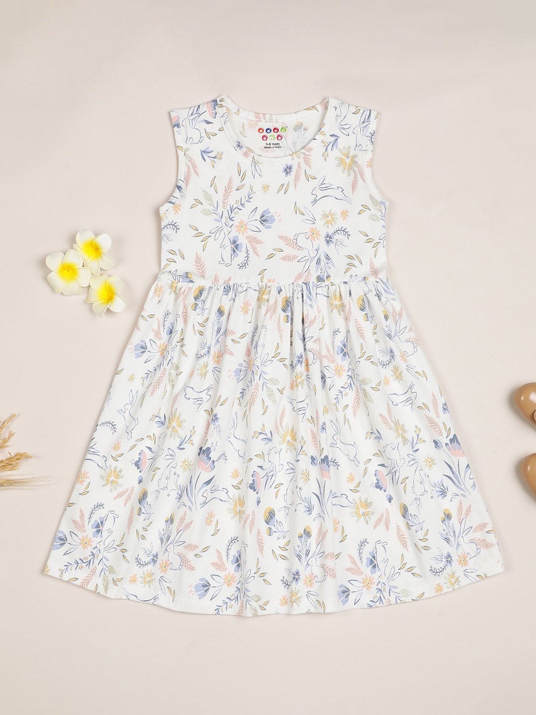 

ZION Girls Floral Printed Cotton A-Line Dress, White