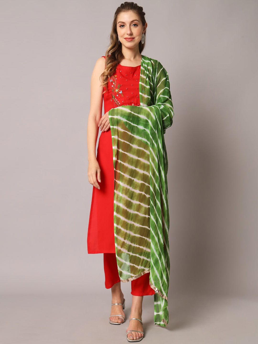 

KALINI Women Floral Yoke Design Mirror Work Kurta With Trousers & Dupatta, Red