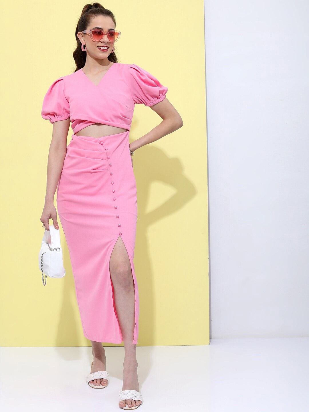 

Tokyo Talkies V Neck Puff Sleeves Cut-Outs Sheath Dress, Pink