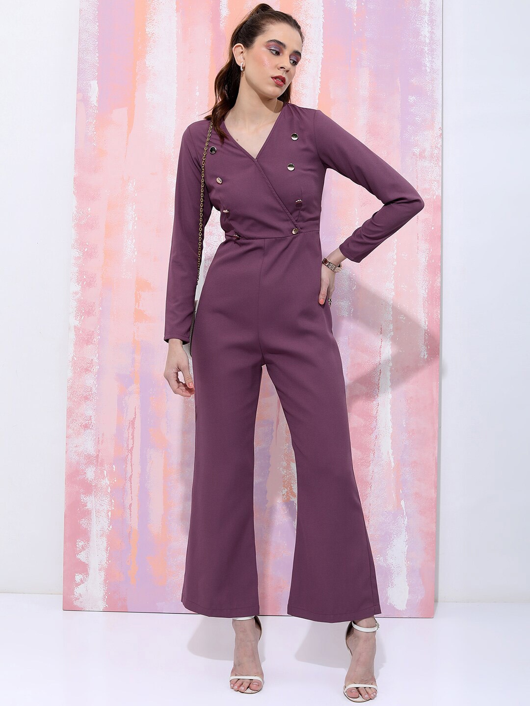 

Tokyo Talkies V-Neck Studded Basic Jumpsuit, Purple