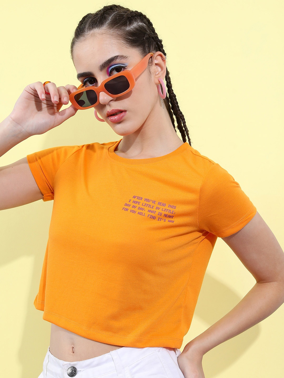 

Tokyo Talkies Typography Printed Crop T-shirt, Mustard