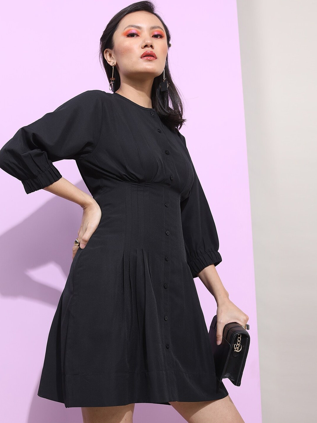 

Tokyo Talkies Round Neck Knife Pleats Shirt Style Dress, Black