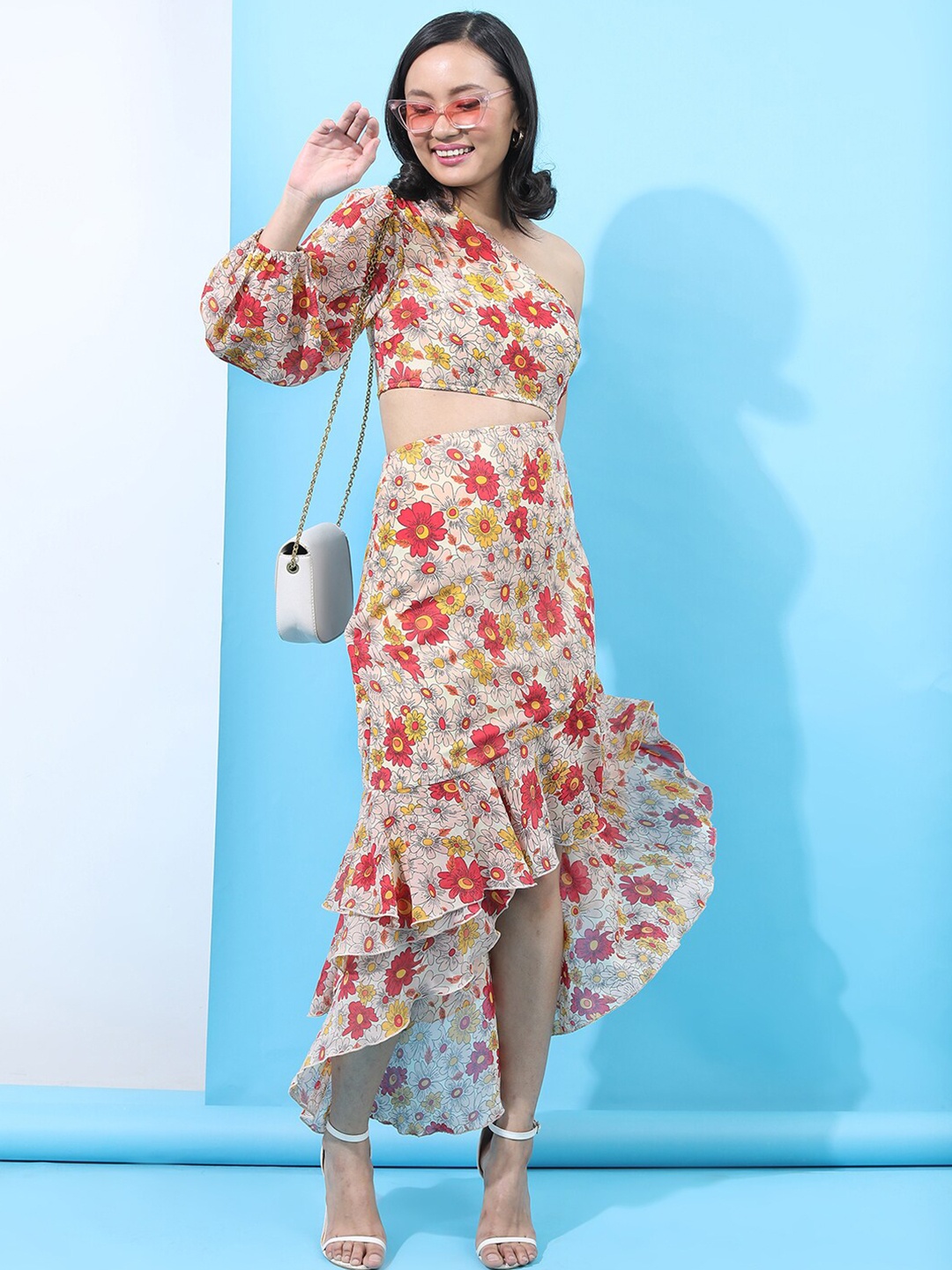 

Tokyo Talkies Puff Sleeves Floral High-Low Maxi Dress, Beige
