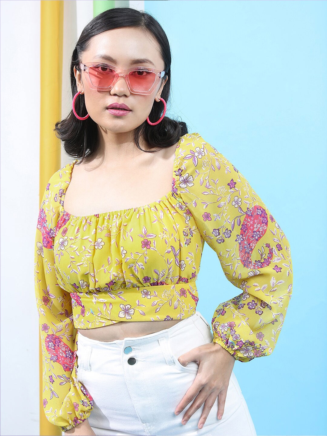 

Tokyo Talkies Floral Printed Puff Sleeves Gathered Blouson Crop Top, Mustard