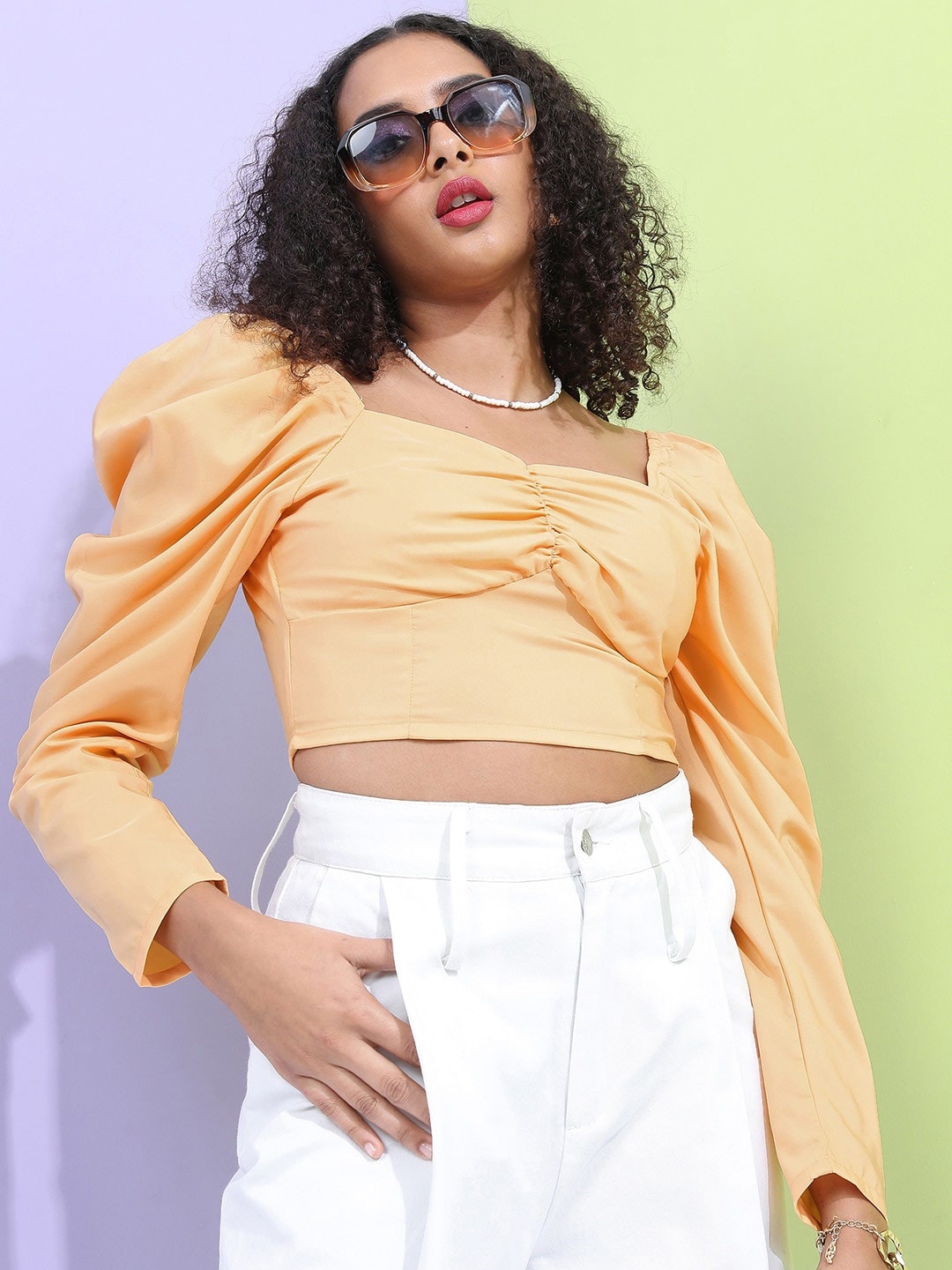 

Tokyo Talkies Puff Sleeves Sweetheart Neck Ruched Detail Crop Top, Coral