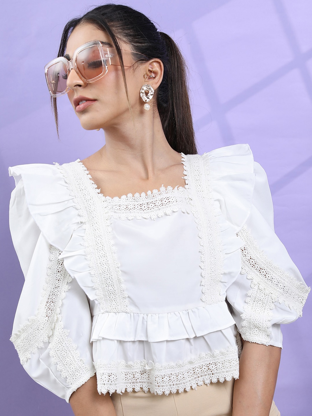 

Tokyo Talkies Square Neck Puff Sleeves Ruffles Self Design Peplum Top, White