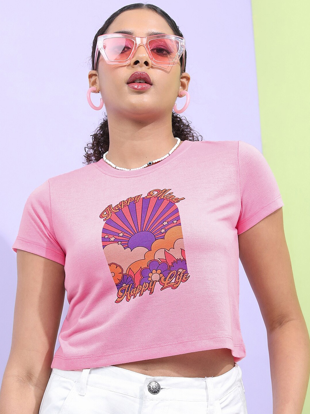 

Tokyo Talkies Conversational Printed Crop T-shirt, Pink