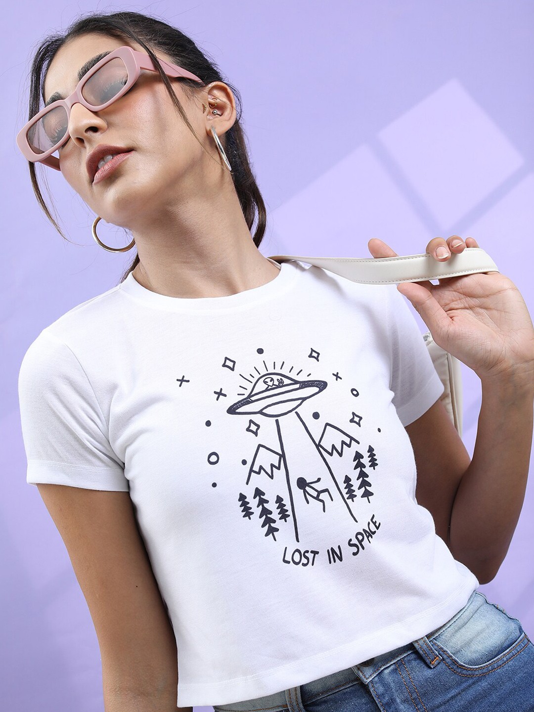 

Tokyo Talkies Printed Round Neck Crop T-shirt, White