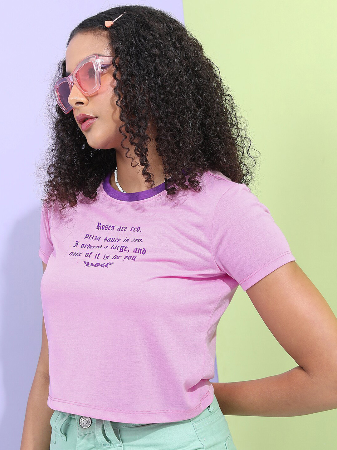 

Tokyo Talkies Typography Printed Round Neck Crop T-shirt, Pink
