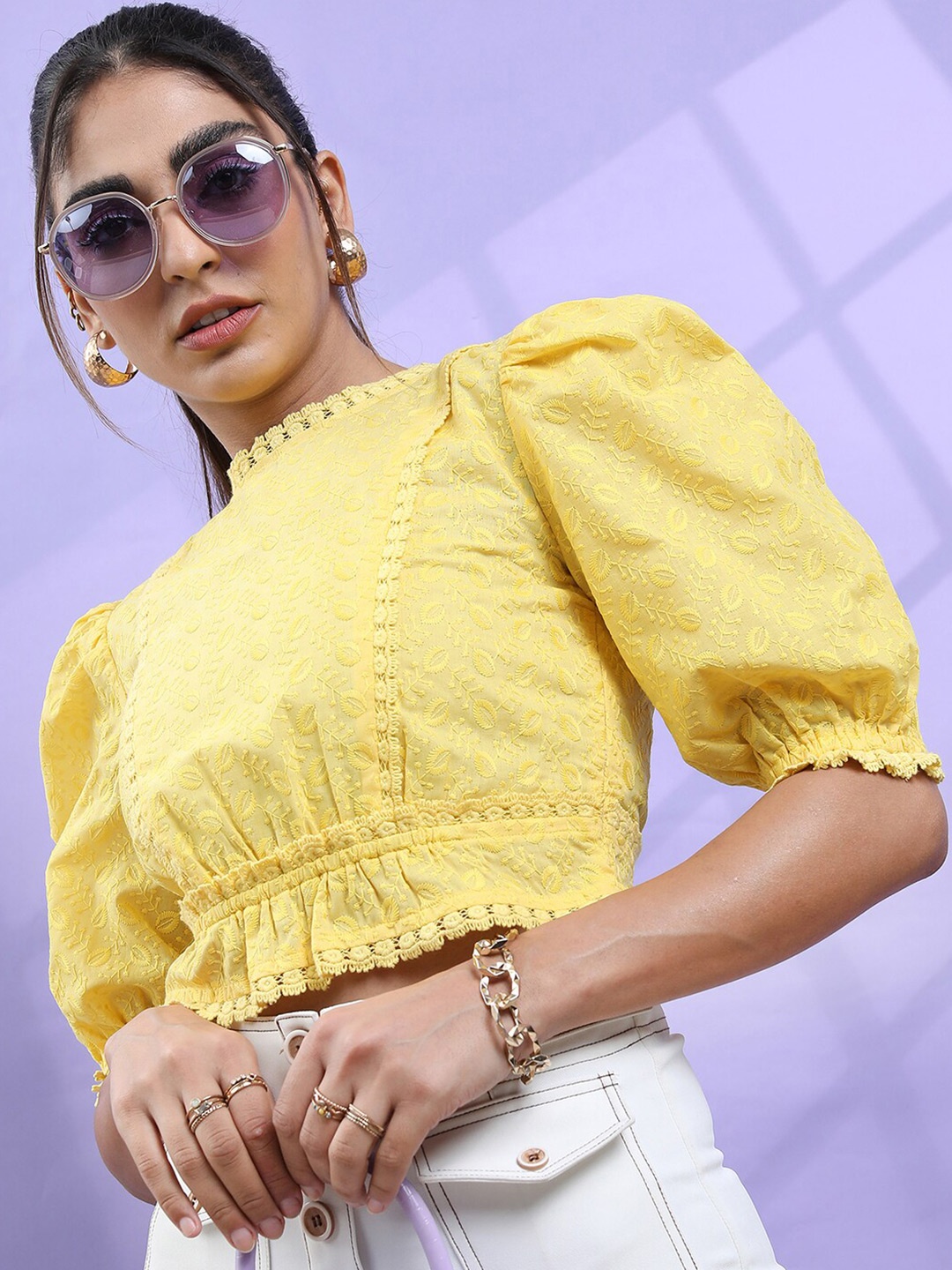 

Tokyo Talkies Floral Embroidered Puff Sleeves Crop Top, Yellow