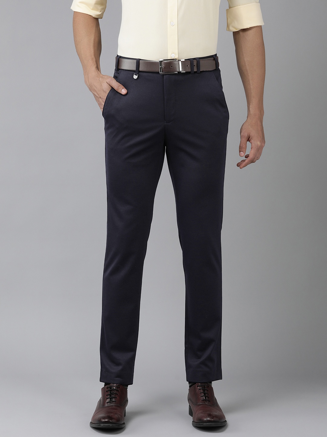 

Park Avenue Men Solid Mid-Rise Formal Trousers, Navy blue