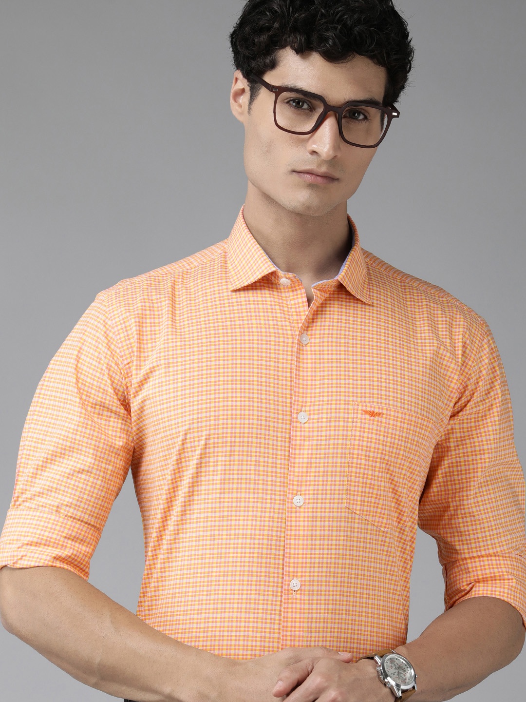 

Park Avenue Men Pure Cotton Slim Fit Checked Formal Shirt, Orange