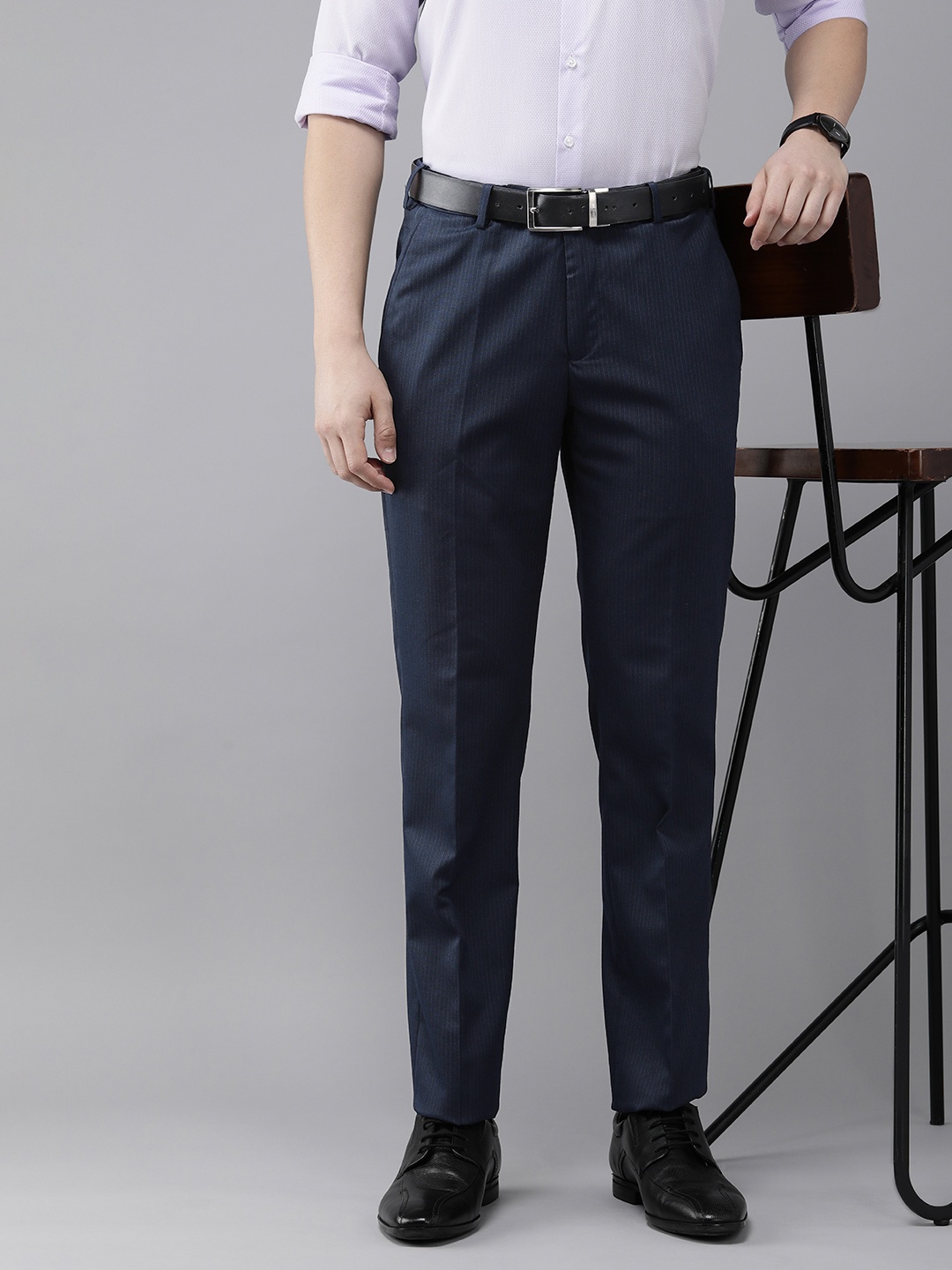 

Park Avenue Men Striped Smart Low-Rise Formal Trousers, Navy blue