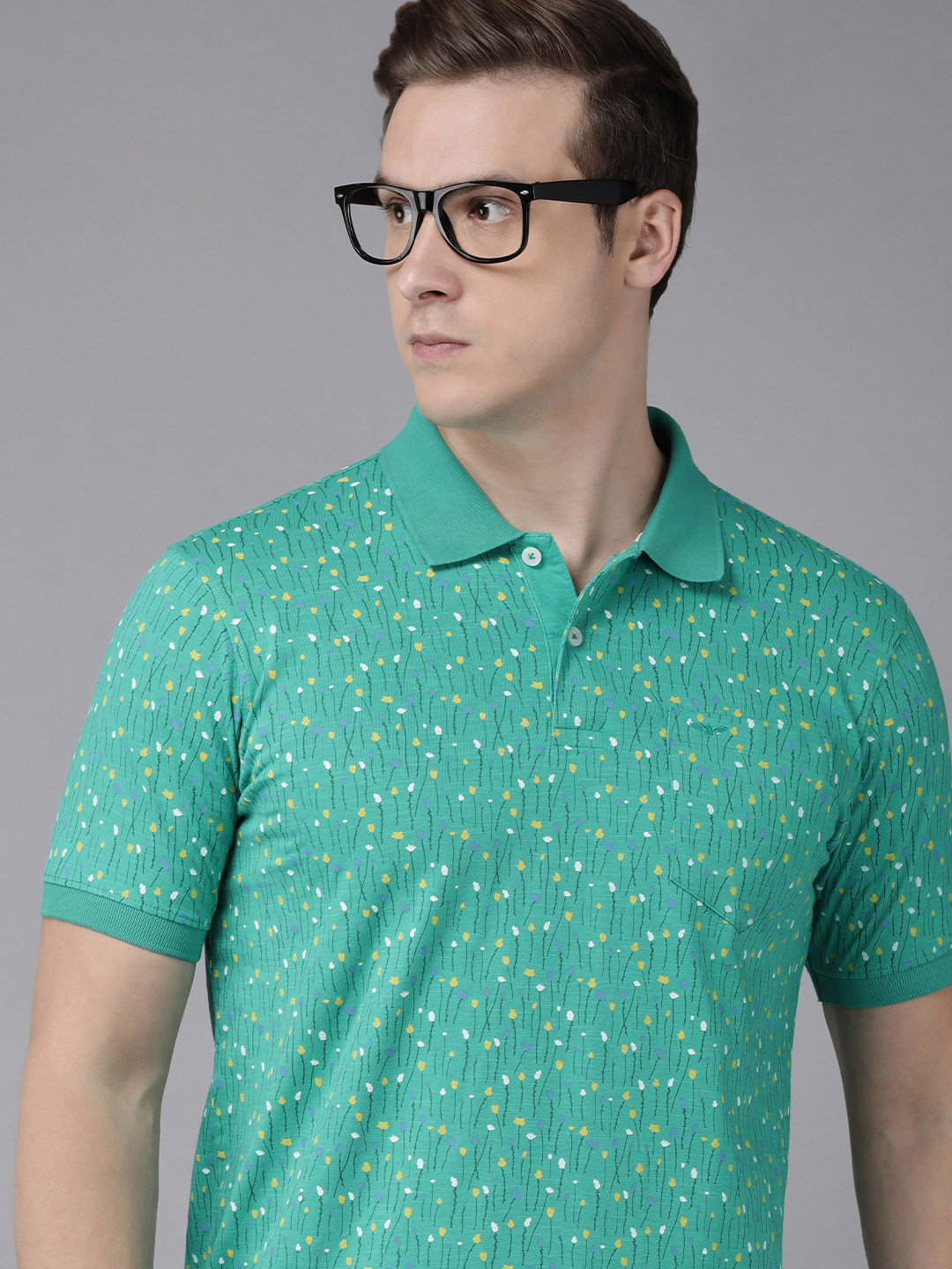 

Park Avenue Floral Printed Polo Collar Pure Cotton Slim Fit T-shirt, Green