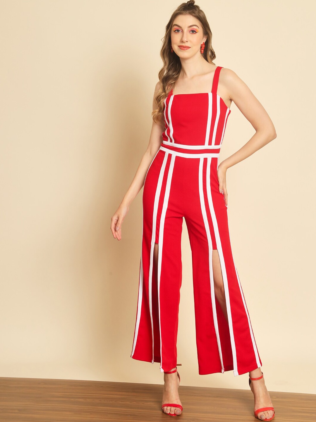 

Darzi Striped Front Slit Basic Jumpsuit, Red