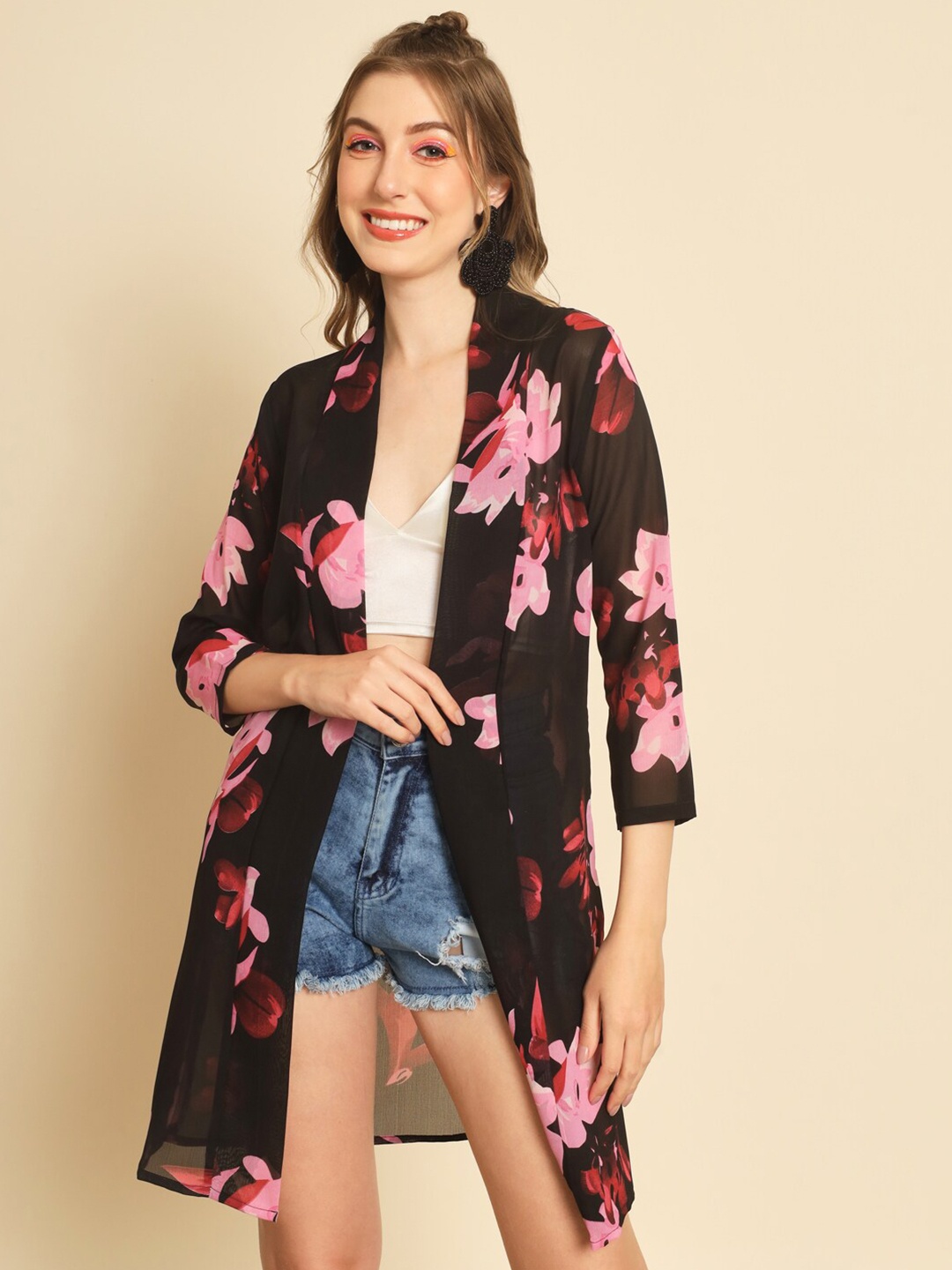 

Darzi Women Floral Printed Longline Shrug, Maroon