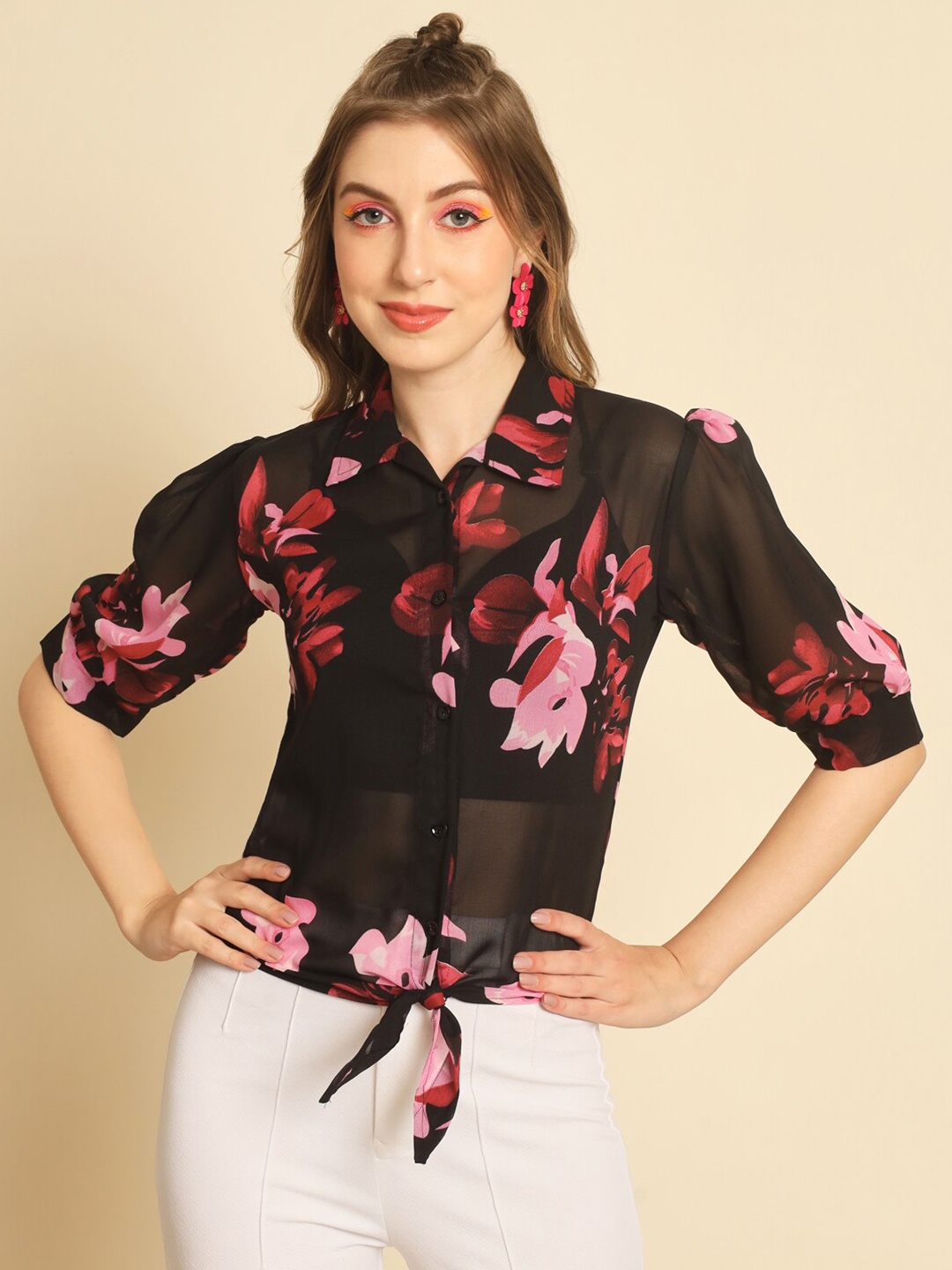 

Darzi Comfort Floral Printed Casual Tie-Up Shirt, Black