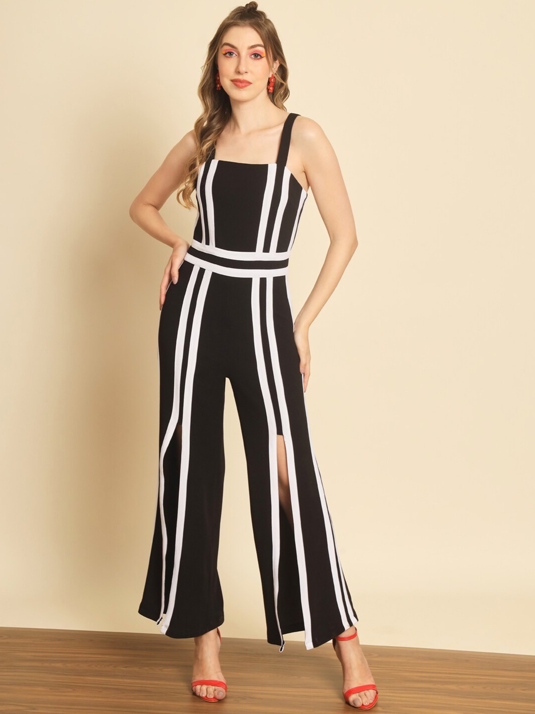 

Darzi Striped Front Slit Basic Jumpsuit, Black