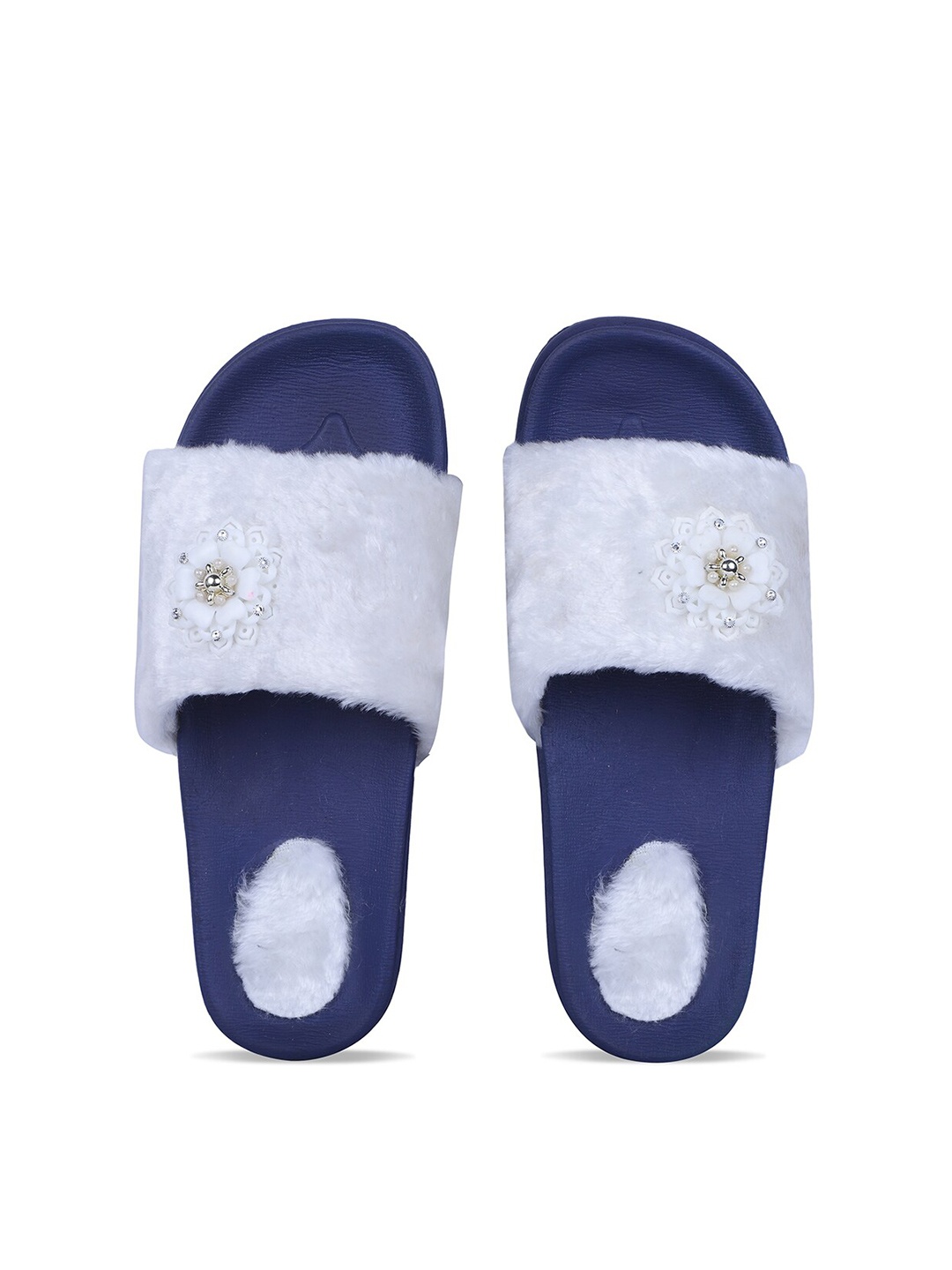 

FABBMATE Women Fur Flower Applique Sliders, Blue