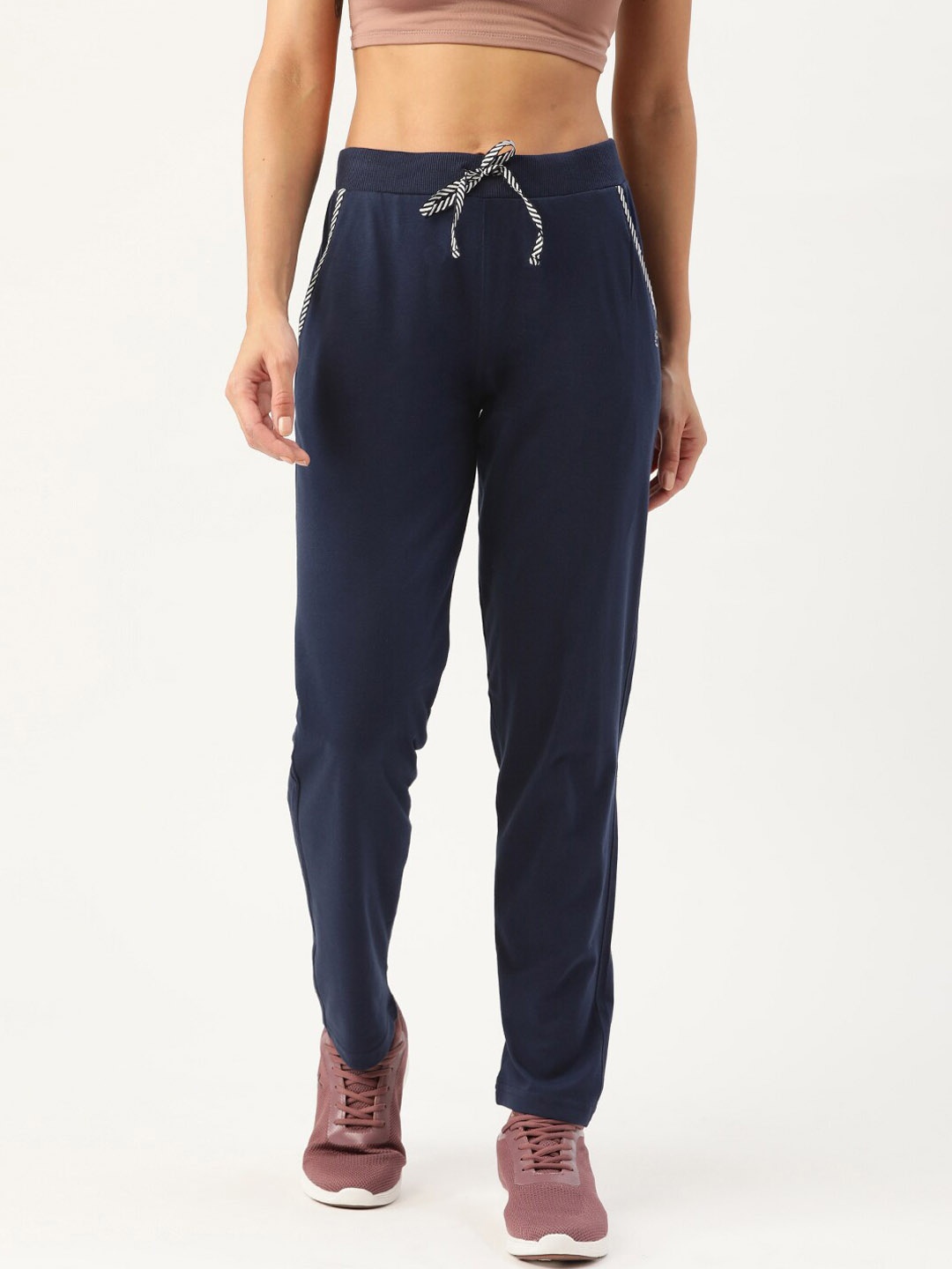

FEMEA Women Cotton Mid-Rise Straight Fit Track Pants, Navy blue