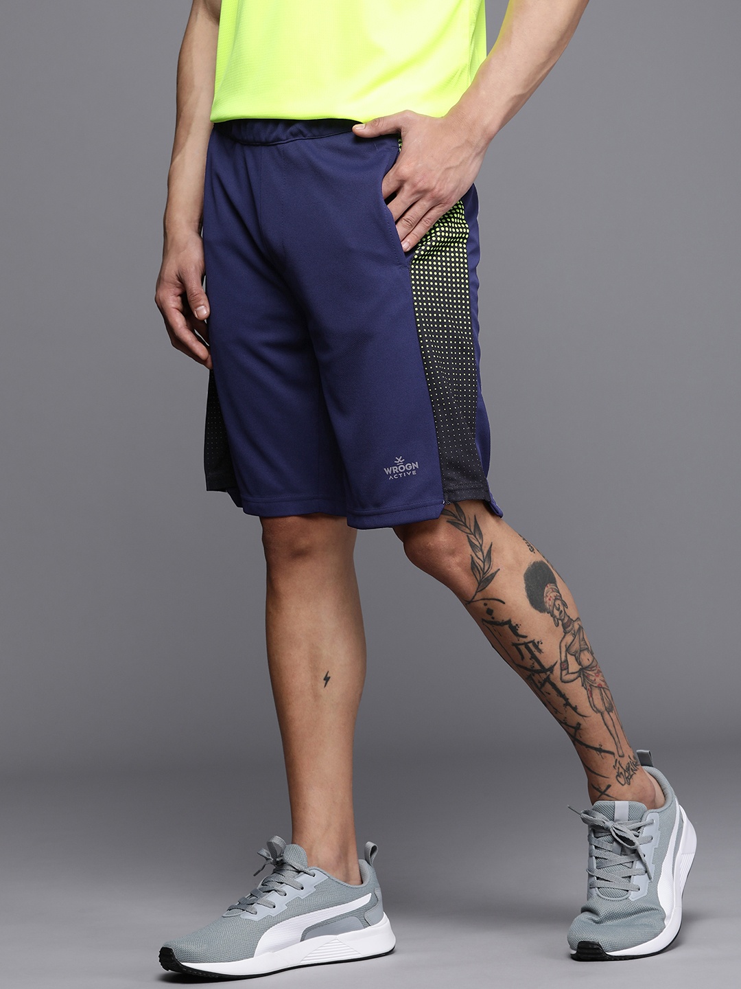 

WROGN ACTIVE Men Mid-Rise Dry-Pro Printed Sports Shorts, Navy blue