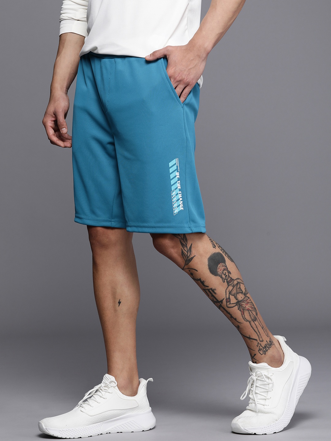 

WROGN ACTIVE Men Mid-Rise Dry-Pro Typography Detail Sports Shorts, Turquoise blue