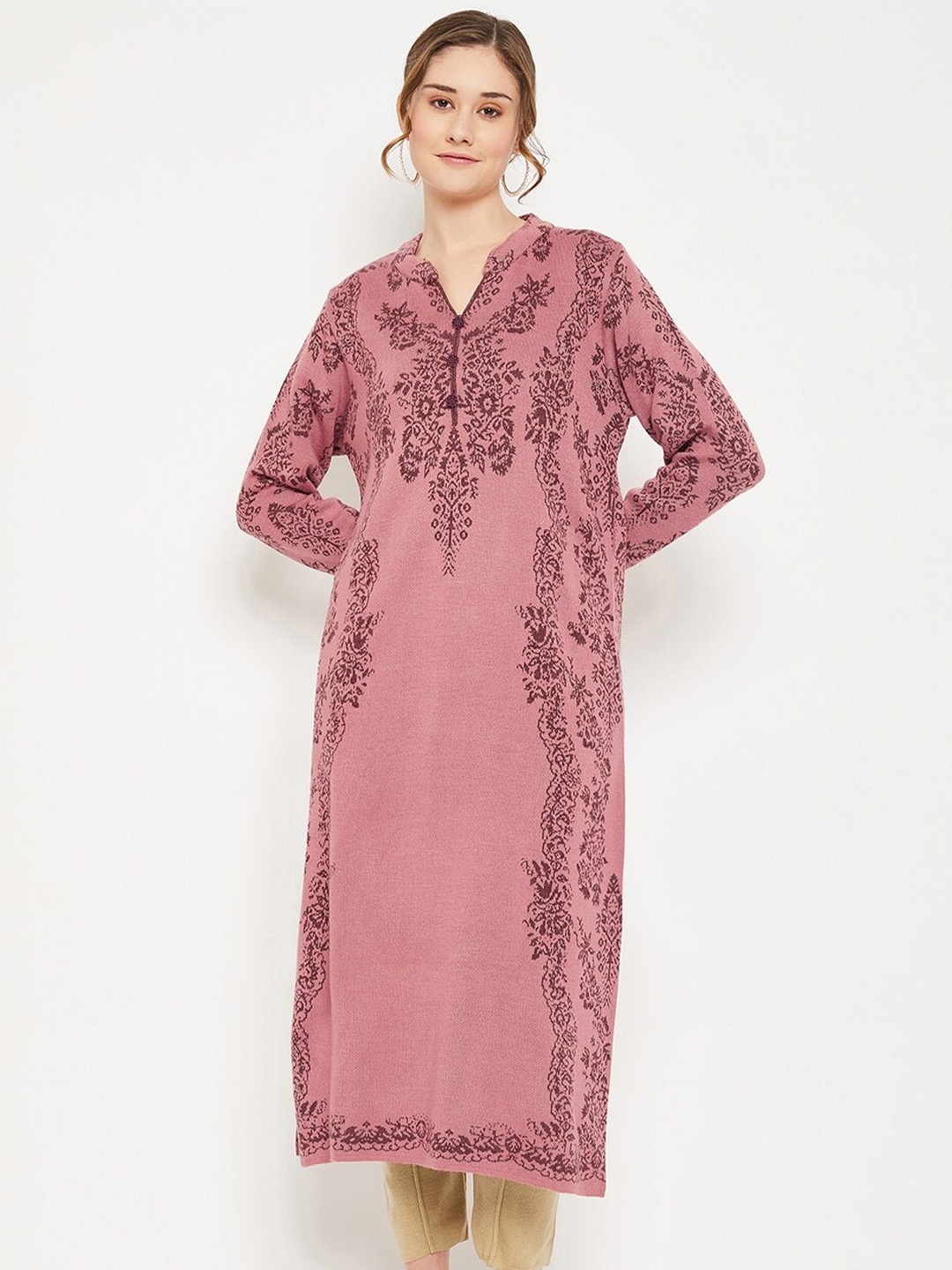 

Cantabil Printed Acrylic Band Collar Straight Kurta, Pink