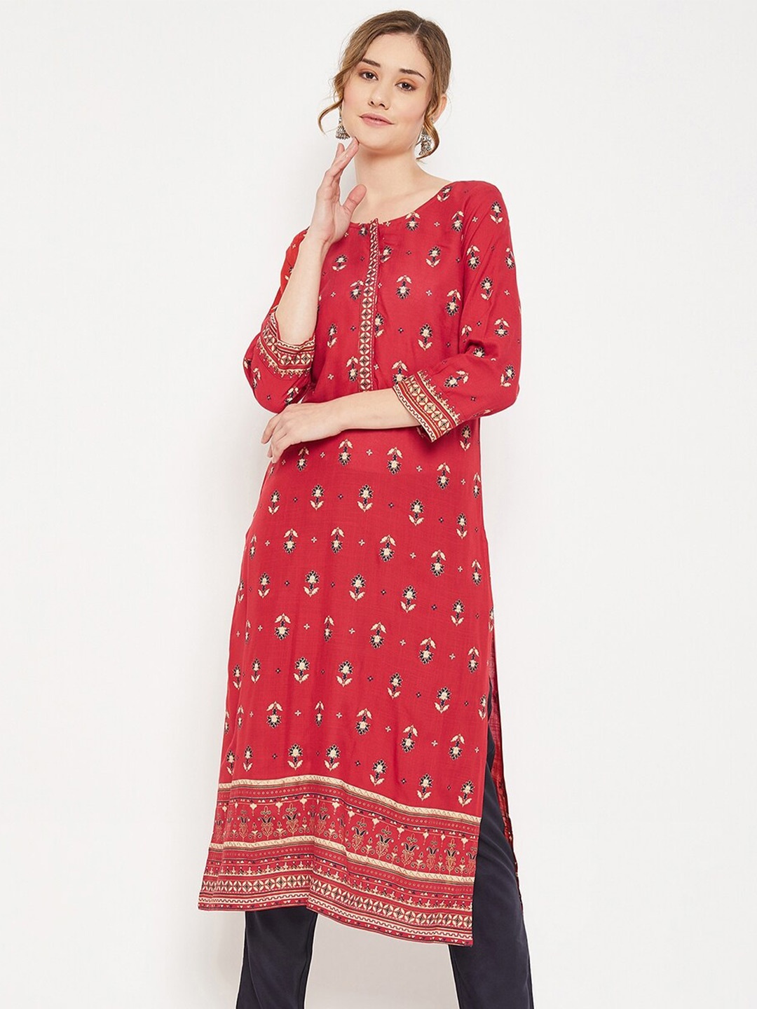 

Cantabil Ethnic Motifs Printed Round Neck Straight Kurta, Red