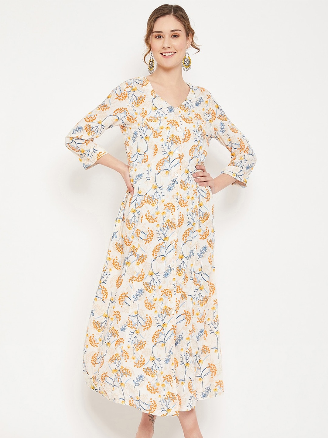 

Cantabil Floral Printed V-Neck A-Line Midi Dress, Off white