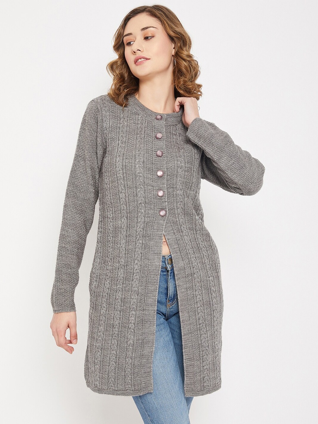 

Cantabil Cable Knit Acrylic Longline Cardigan, Grey melange