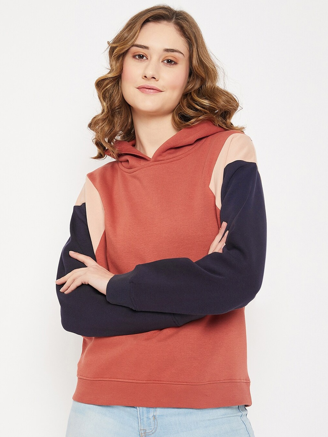 

Cantabil Colourblocked Hooded Fleece Sweatshirt, Rust