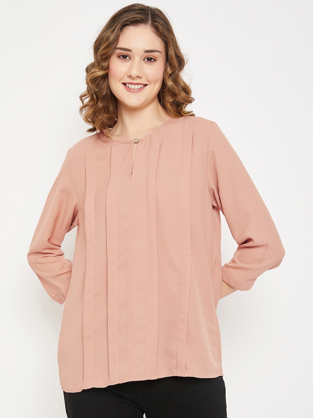 

Cantabil Pleated Cuffed Sleeves Keyhole Neck Top, Beige