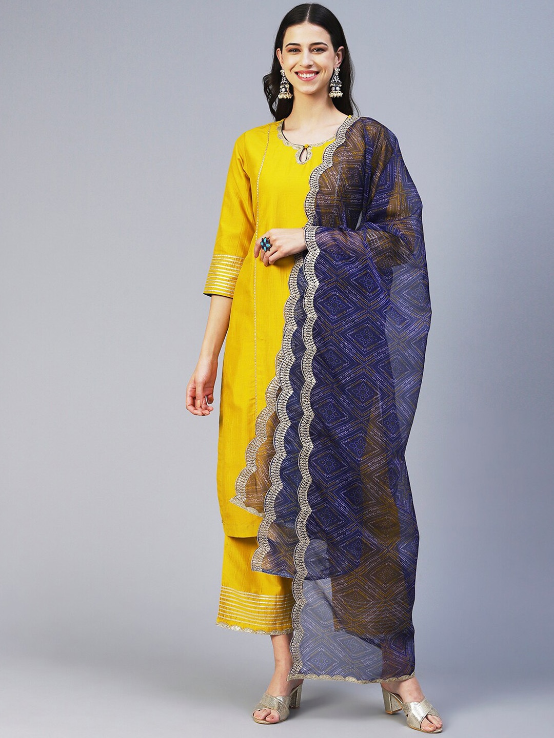 

FASHOR Keyhole Neck Gotta Patti Kurta With Palazzos & Dupatta, Yellow