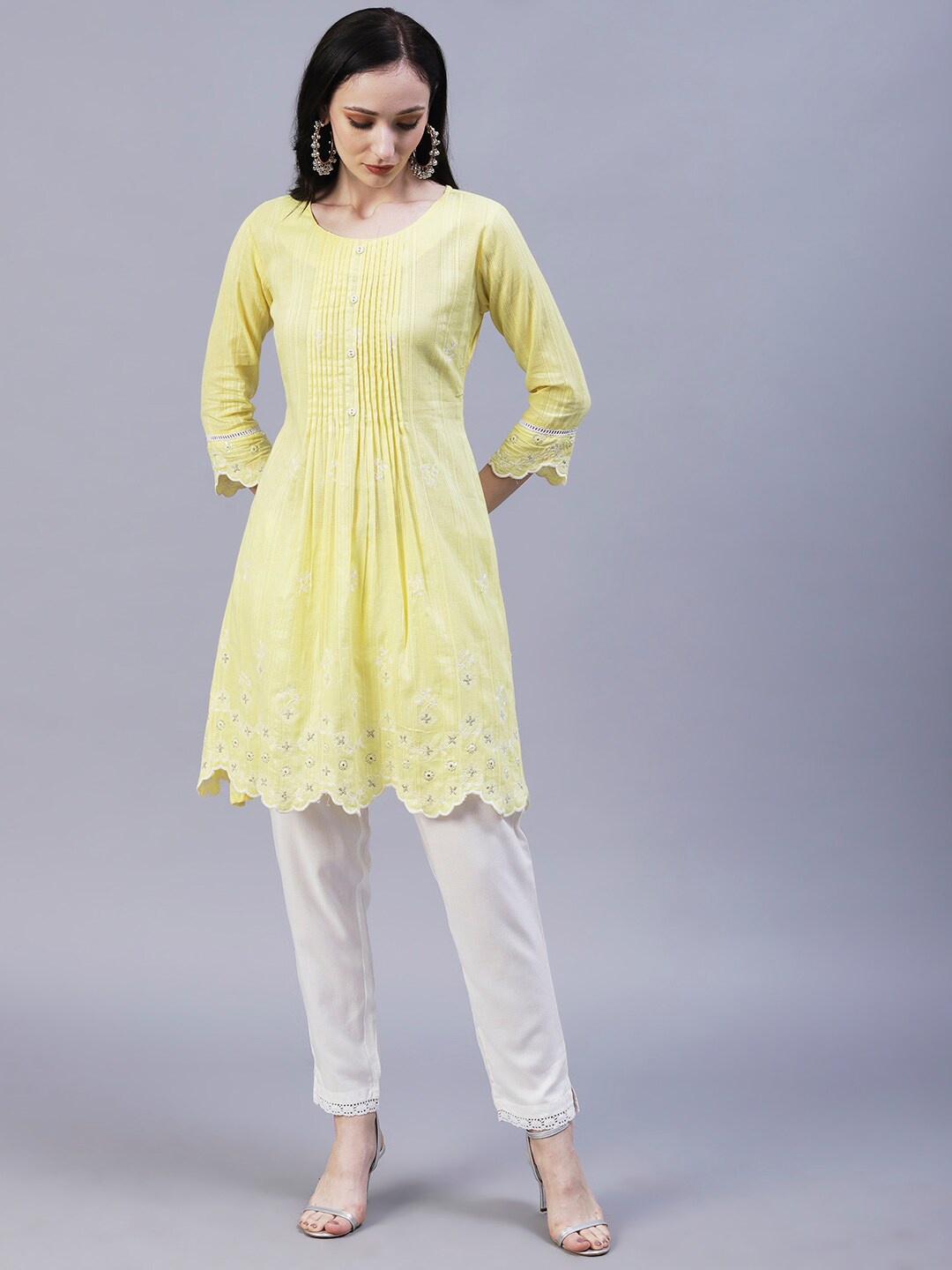 

FASHOR Floral Embroidered Pure Cotton Kurti with Trousers, Yellow