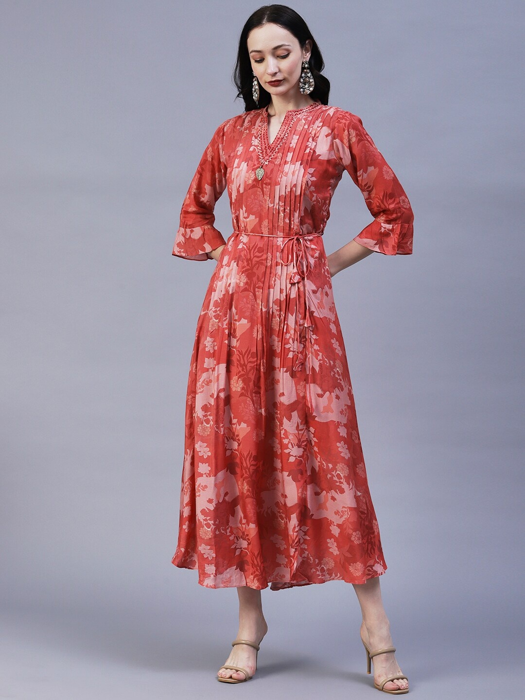 

FASHOR Orange Floral A-Line Midi Dress With Belt