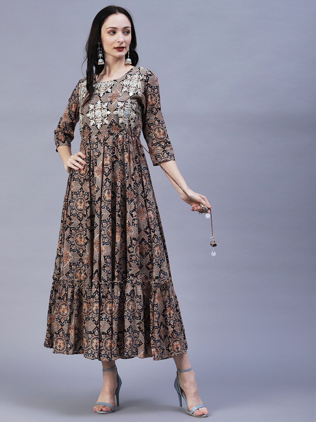 

FASHOR Embroidered Ethnic Motifs Printed Fit & Flare Cotton Maxi Dress, Black