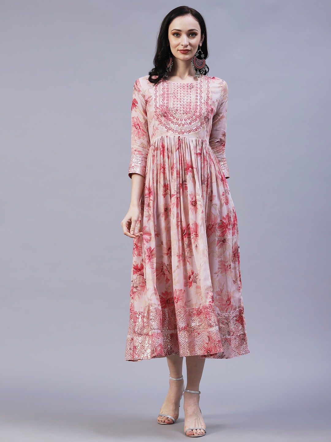 

FASHOR Floral Printed Cotton Fit & Flare Midi Dress, Pink