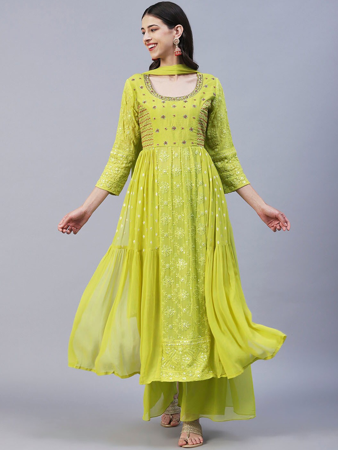 

FASHOR Ethnic Motifs Embroidered Thread Work Anarkali Kurta with Palazzos & Dupatta, Lime green